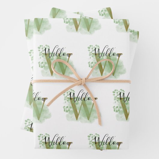 Personalisierte grüne Wasserfarbe und Blütenanfang Geschenkpapier Set (Beispiel)