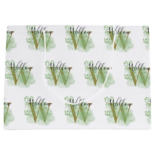 Personalisierte grüne Wasserfarbe und Blütenanfang Große Geschenktüte (Vorderseite)