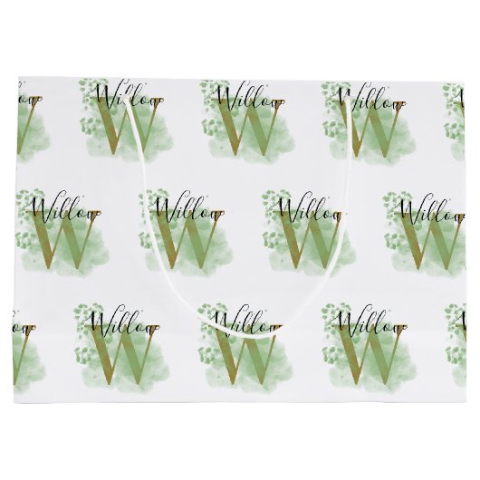 Personalisierte grüne Wasserfarbe und Blütenanfang Große Geschenktüte (Rückseite)