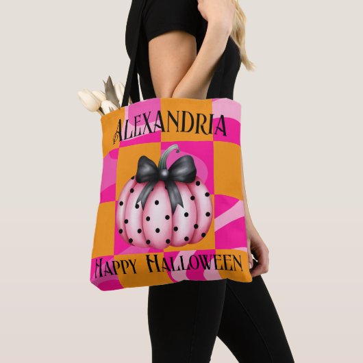 Personalisierte Halloween Pumpkin Bow Pink Orange Tasche (Von Nahem)