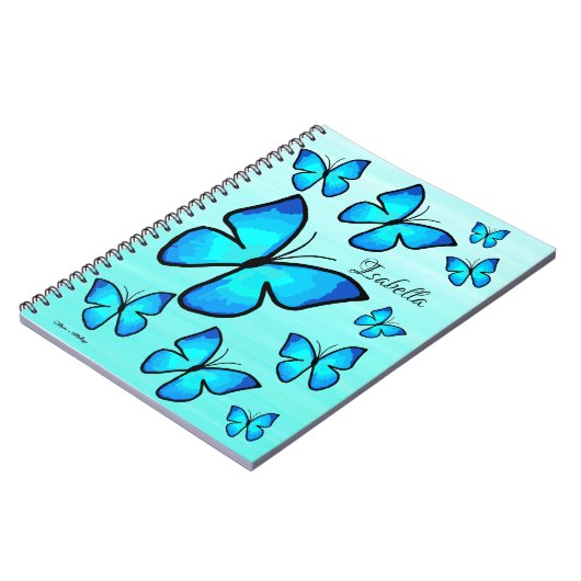 Personalisierte handbemalte blaue Schmetterlinge O Notizblock (Linke Seite)