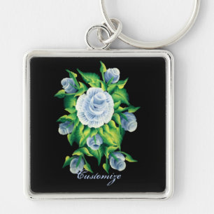 Personalisierte handgestrichene blaue Rose Schlüss Schlüsselanhänger