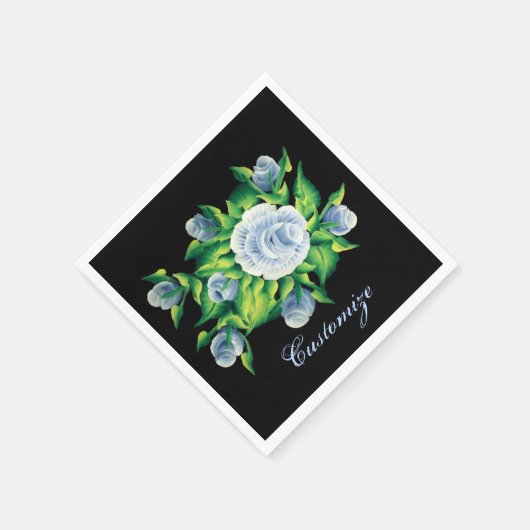 Personalisierte handgestrichene blaue Rose Schwarz Serviette (Ecke)