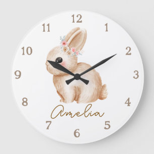 Personalisierte Hasen-Kinderzimmer-Wanduhr Floral  Große Wanduhr