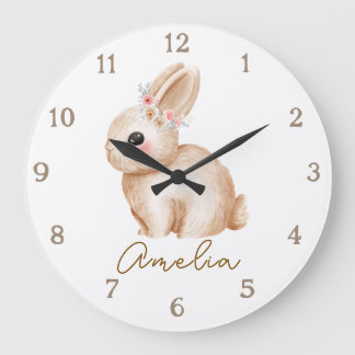 Personalisierte Hasen-Kinderzimmer-Wanduhr Floral Große Wanduhr