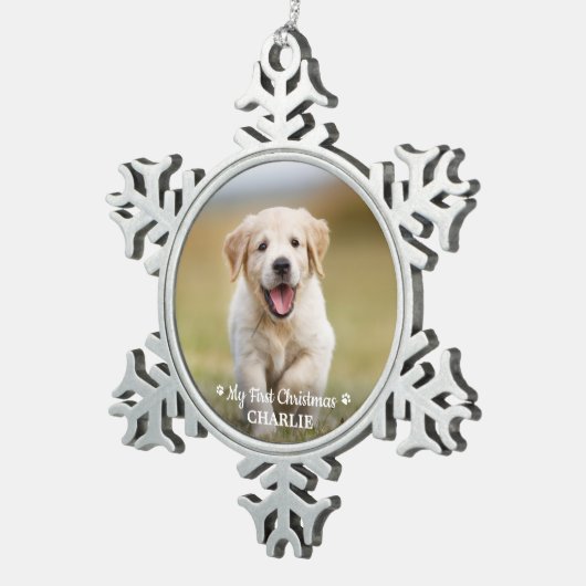 Personalisierte Haustiere Welpen Foto Hund Erste W Schneeflocken Zinn-Ornament (Rechts)
