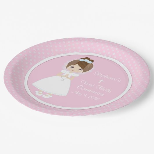 Personalisierte Heilige Kommune - Brünettes Mädche Pappteller (Schrägansicht)