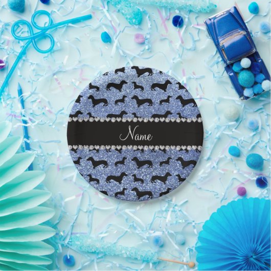Personalisierte hellblaue Glitter-NamensDackeln Pappteller (Party)