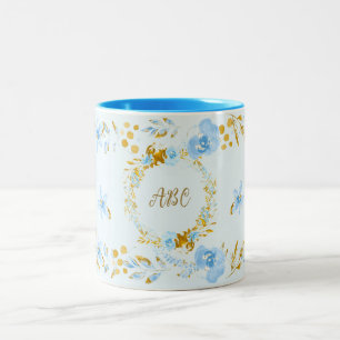 Personalisierte hellblaue Wasserfarbe-Blumen-Gold Zweifarbige Tasse