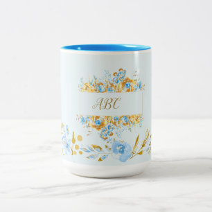 Personalisierte Hellblaue Wasserfarbe-Floral-Gold Zweifarbige Tasse
