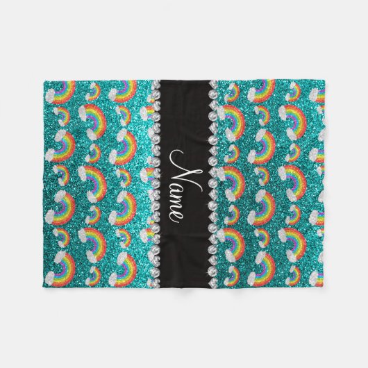 Personalisierte helle Aqua-Glitternamensregenbogen Fleecedecke (Vorderseite (Horizontal))