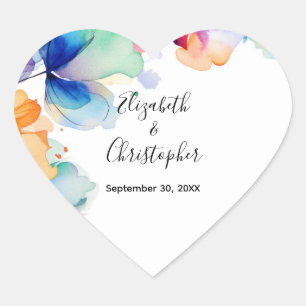 Personalisierte helle florale Aquarell-Hochzeit Herz-Aufkleber