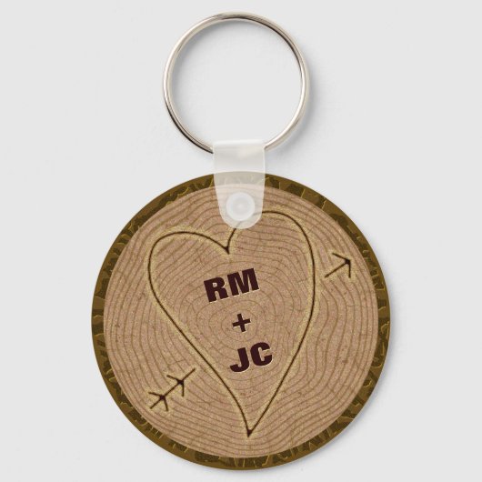 Personalisierte Herz Carved Initials Wood Tree Rin Schlüsselanhänger (Vorderseite)