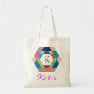 Personalisierte Hexagon-Geometrie mit rosa Monogra Tragetasche
