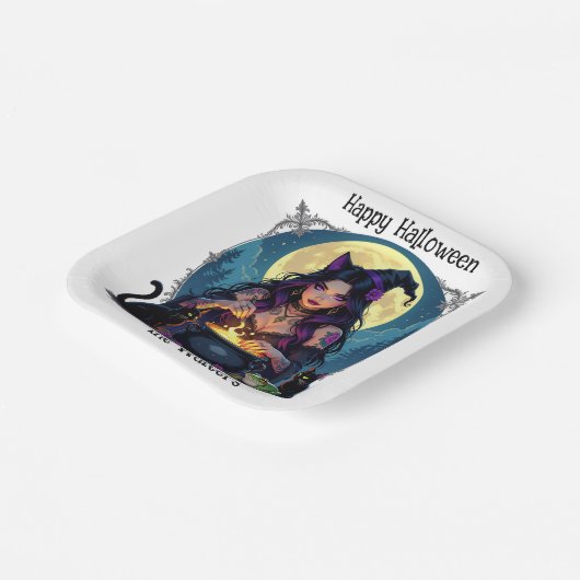 Personalisierte Hexe und Cauldron Halloween Pappteller (Gewinkelt)