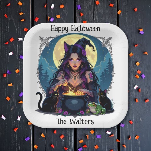 Personalisierte Hexe und Cauldron Halloween Pappteller