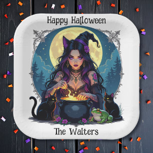Personalisierte Hexe und Cauldron Halloween Pappteller