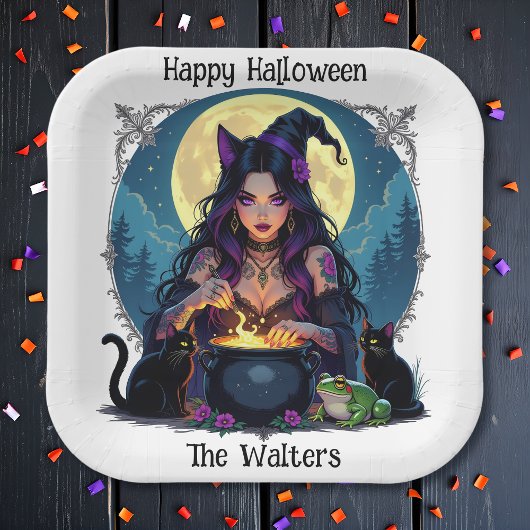 Personalisierte Hexe und Cauldron Halloween Pappteller