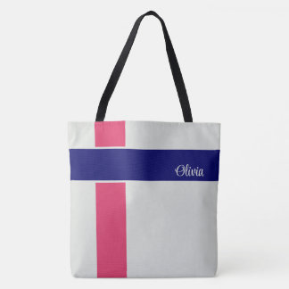 Personalisierte Himbeere Dunkelblaue Streifen Tasche