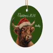 Personalisierte Hochlandkuh mit Santa Cap Keramik Ornament (Rechts)