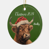 Personalisierte Hochlandkuh mit Santa Cap Keramik Ornament (Links)