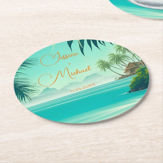Personalisierte Hochzeit am Strand Runder Pappuntersetzer (Angewinkelt)