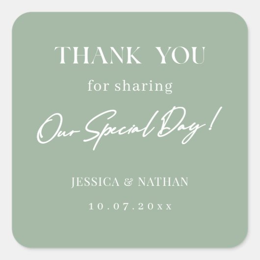 Personalisierte Hochzeit Danke, Sage Green Quadratischer Aufkleber (Vorderseite)