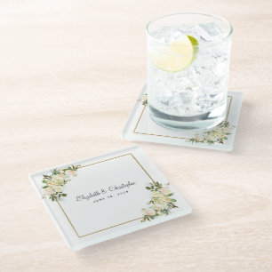 Personalisierte Hochzeit Elegant White Rose Flor Glasuntersetzer