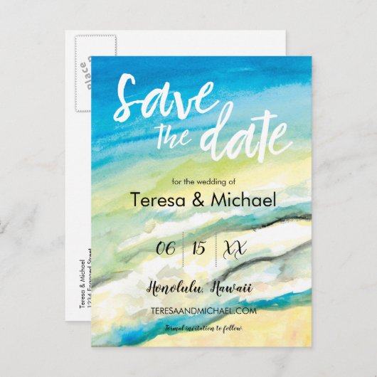 Personalisierte Hochzeit in Urlaubsort Strandfarbe Ankündigungspostkarte (Vorne/Hinten)