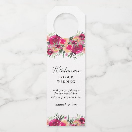 Personalisierte Hochzeit mit Blumenrosa Flaschenanhänger (Vorderseite)