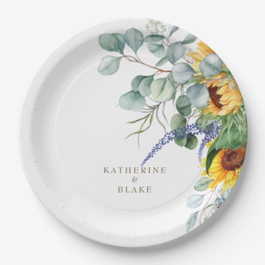 Personalisierte Hochzeit mit gelber Blüte Pappteller (Vorderseite)