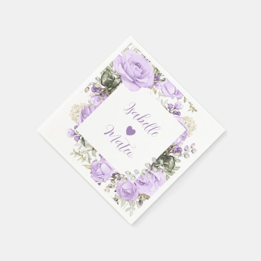 Personalisierte Hochzeit mit lila und weißer Blüte Serviette (Ecke)