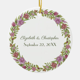 Personalisierte Hochzeit mit rosa grüner floraler  Keramik Ornament