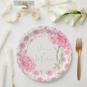 Personalisierte Hochzeit mit rosa Nelke  Pappteller
