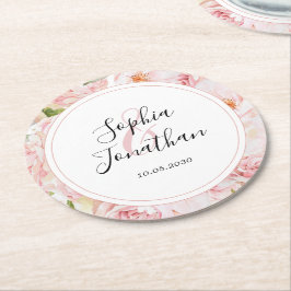 Personalisierte Hochzeit mit rosa Rosen Runder Pappuntersetzer