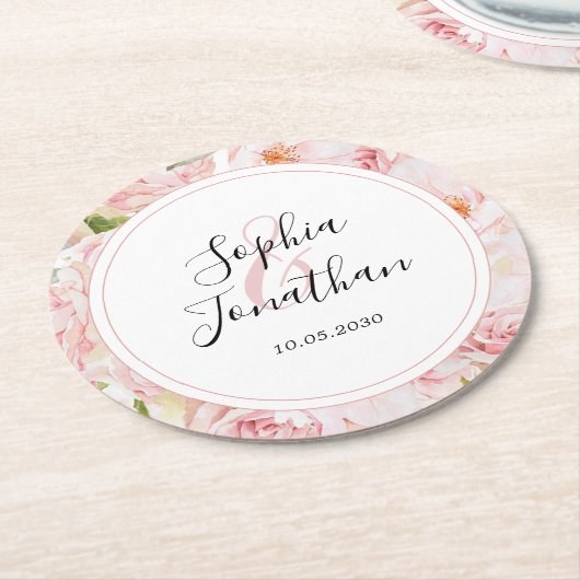 Personalisierte Hochzeit mit rosa Rosen Runder Pappuntersetzer (Angewinkelt)