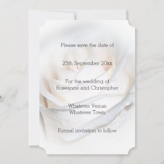 Personalisierte Hochzeit mit weißer Rose retten da Save The Date (Rückseite)