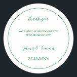 Personalisierte Hochzeit Runder Aufkleber<br><div class="desc">Personalisierter Hochzeitsticker mit grüner Farbe,  Sie können den Namen und das Datum des Ehepaares ändern,  und Ihre Nachricht für den Gast,  klicken Sie bitte auf den Link "Personalisierung".</div>