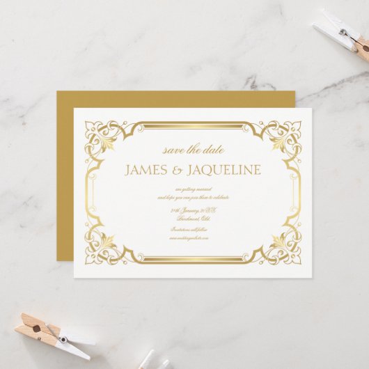 Personalisierte Hochzeit - Save the Date Goldrahme (Vorderseite/Rückseite Beispiel)