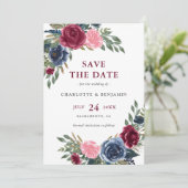 Personalisierte Hochzeit von Navy Blue und Burgund Save The Date (Stehend Vorderseite)