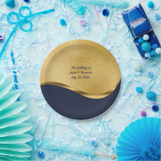 Personalisierte Hochzeit von Navy Blue und Gold Pappteller (Party)