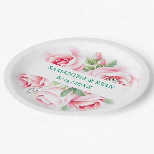 Personalisierte Hochzeit von Rosen und grünen Blat Pappteller (Schrägansicht)