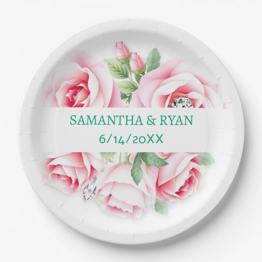 Personalisierte Hochzeit von Rosen und grünen Blat Pappteller (Vorderseite)