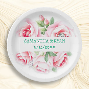 Personalisierte Hochzeit von Rosen und grünen Blat Pappteller
