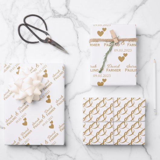 Personalisierte Hochzeitgoldenherzen Geschenkpapier Set (Vorderseite)