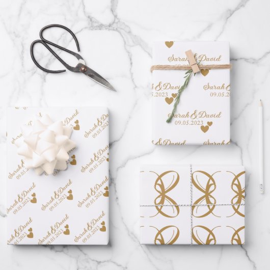 Personalisierte Hochzeitgoldenherzen Geschenkpapier Set (Vorderseite)