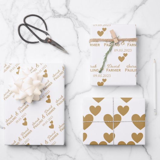 Personalisierte Hochzeitgoldenherzen Geschenkpapier Set (Vorderseite)