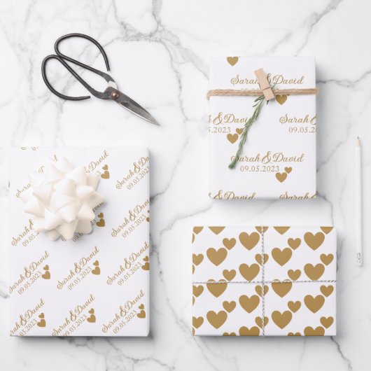 Personalisierte Hochzeitgoldenherzen Geschenkpapier Set (Vorderseite)