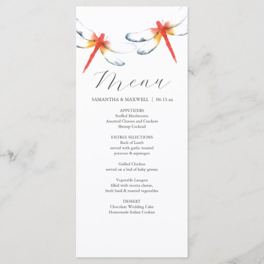 Personalisierte Hochzeitmenükarten Rote Libelle Menükarte (Vorderseite)