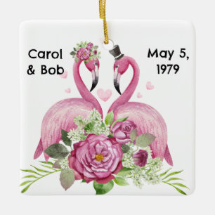 Personalisierte Hochzeitsflamingos Paare Keramikornament